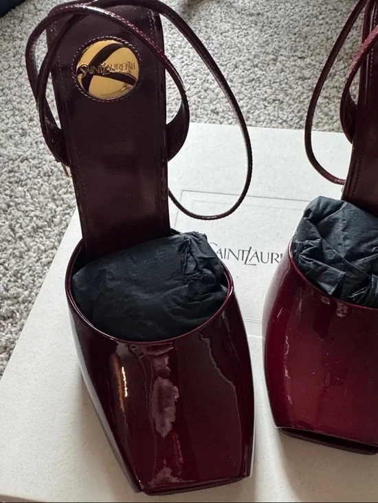 Saint Laurent La Scandale Grenat Patent Leather Slingback Square Peep Toe - Picture 2 of 7